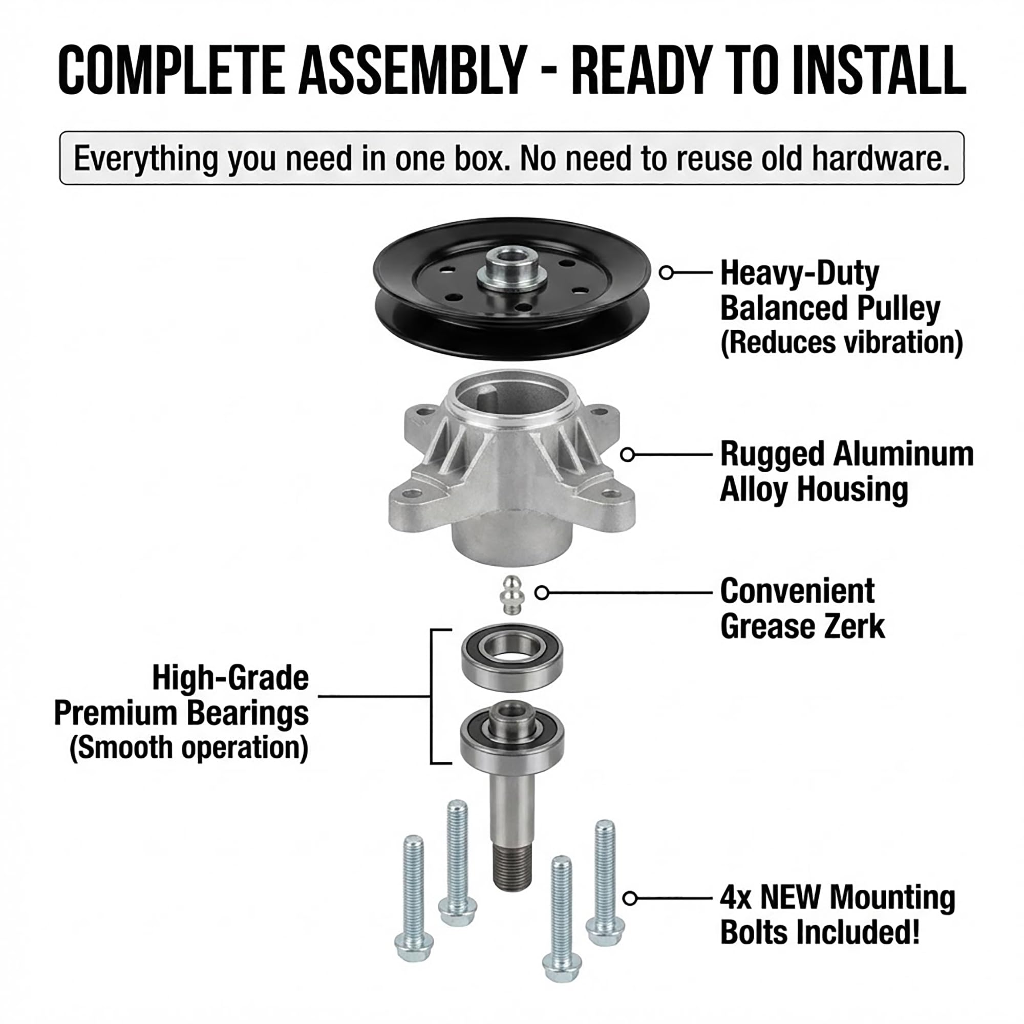 FacaBmil pre-installed pulley and blade nut ready for quick installation and reduced downtime