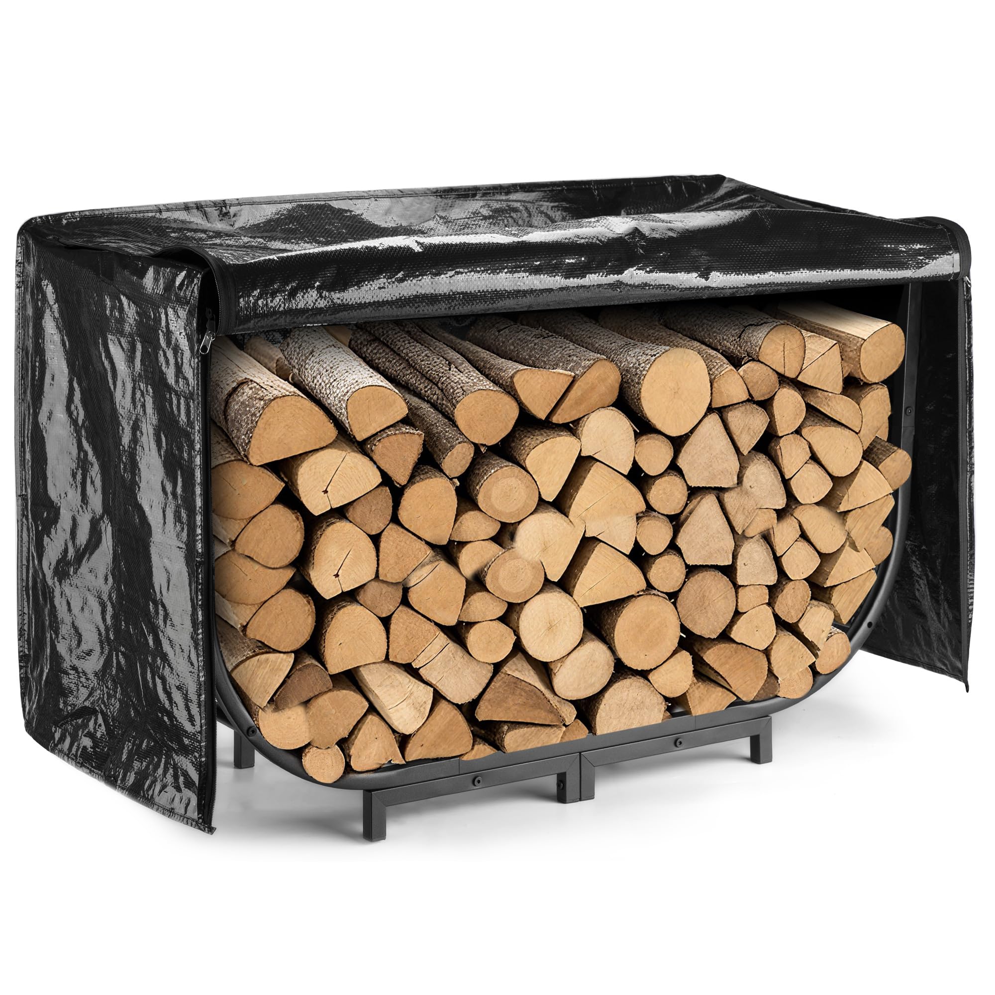 facka front view of 40-inch metal firewood rack showing organized logs and neat storage