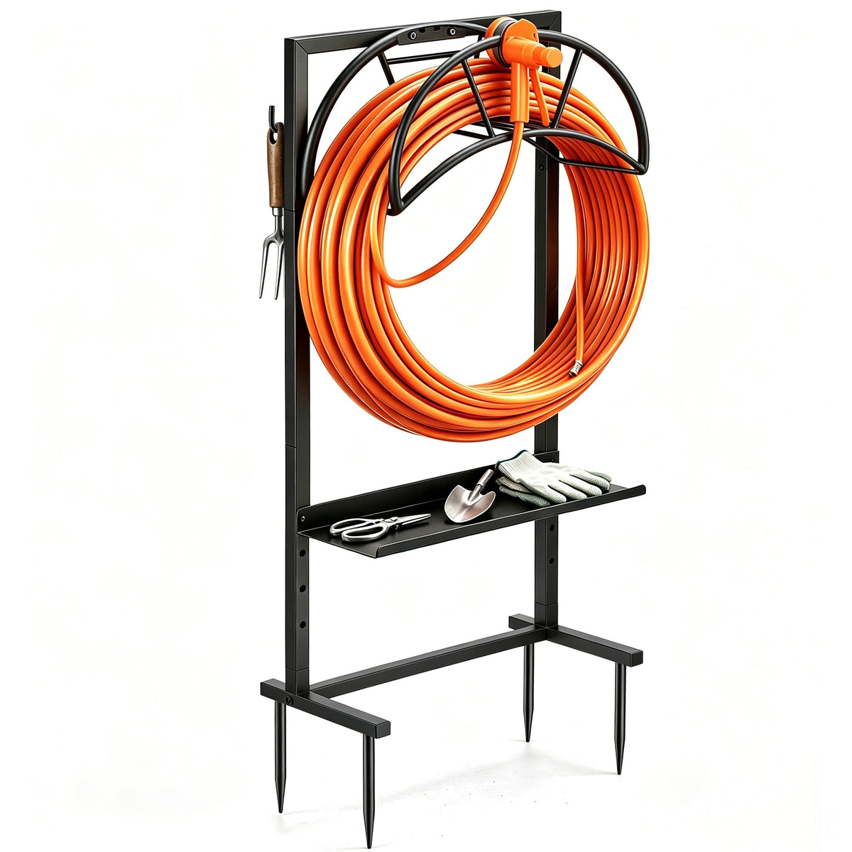 facka front view of freestanding metal hose holder showing stable base and shelf benefit