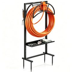 facka front view of freestanding metal hose holder showing stable base and shelf benefit