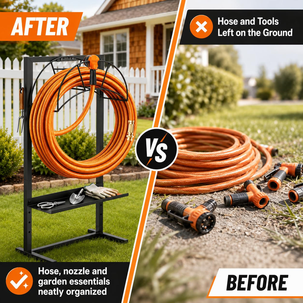facka holding a long coiled hose to show 160ft capacity and clutter reduction