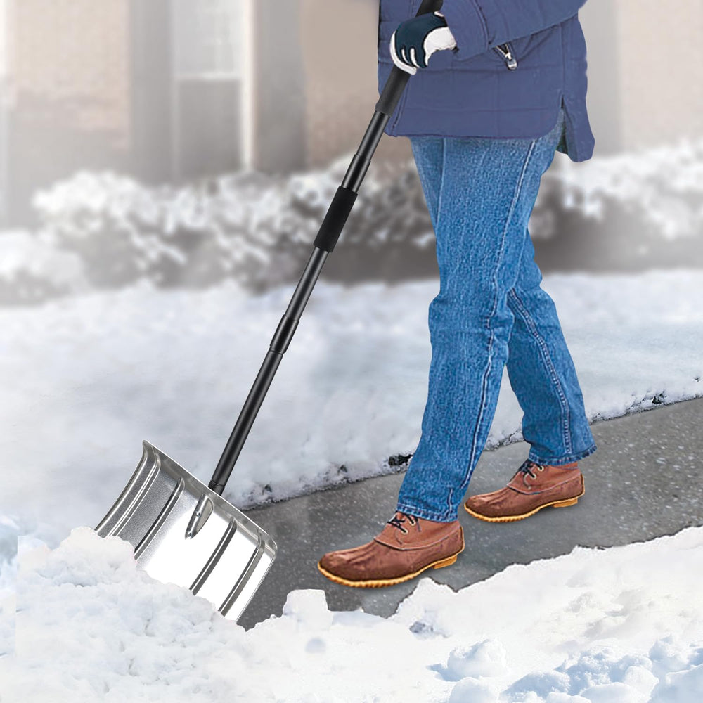 FactionGarden front view of aluminum snow shovel showing wide blade and shaft, durable clearing