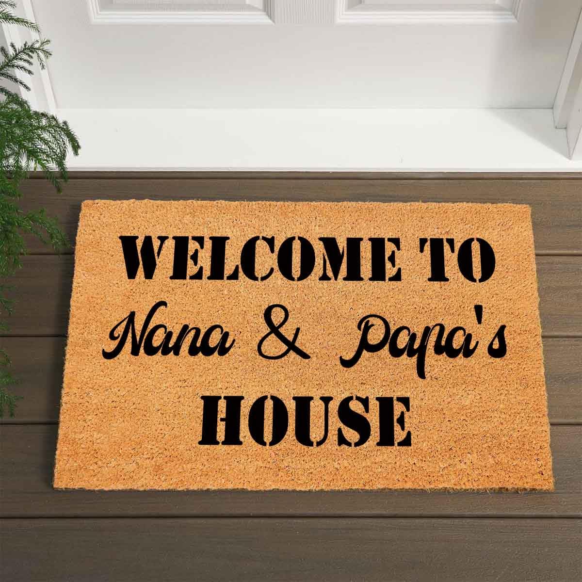 FAGGMY on a porch in use demonstrating dirt capture and attractive welcome text