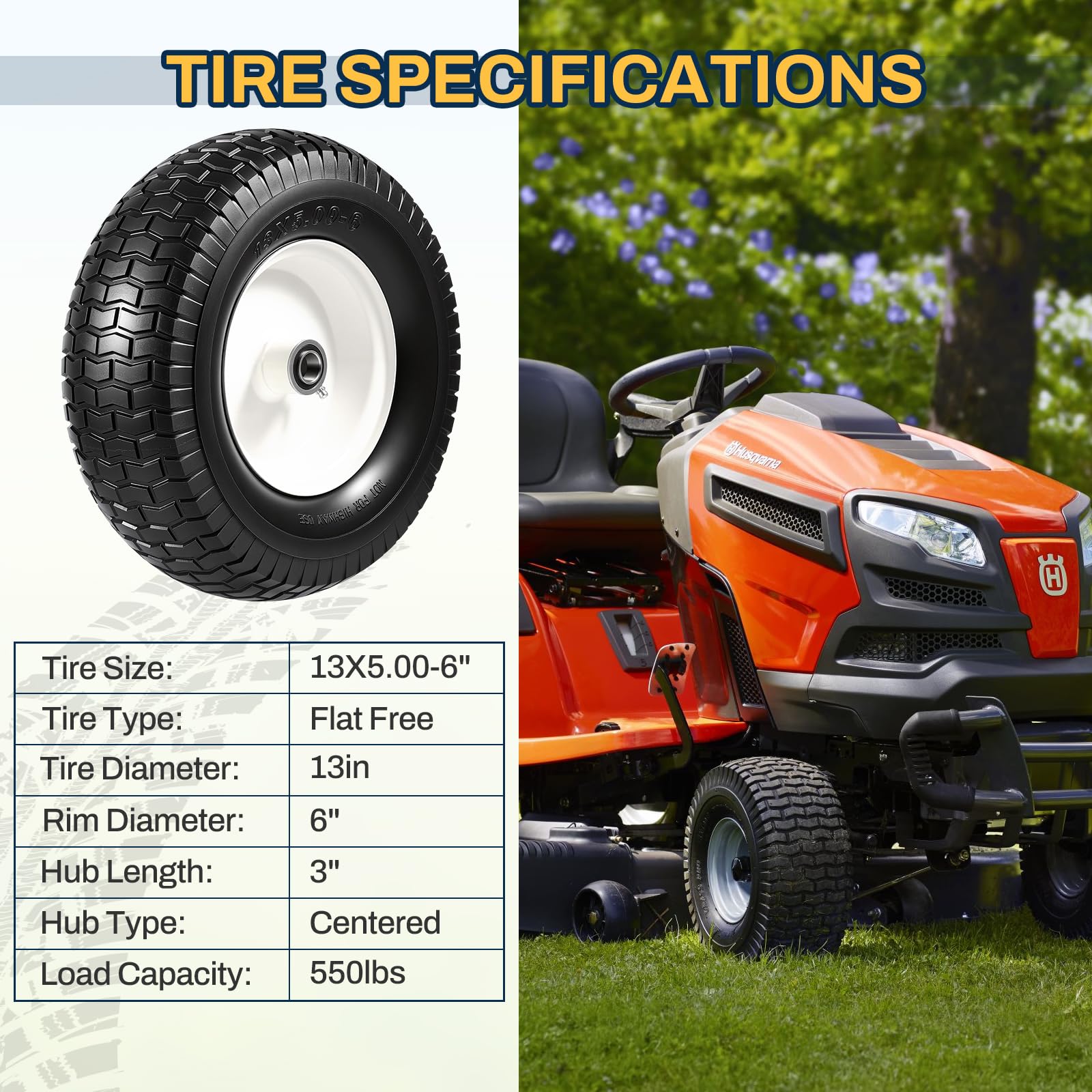 FAHKNS wheel mounted on a riding mower demonstrating no-flat convenience