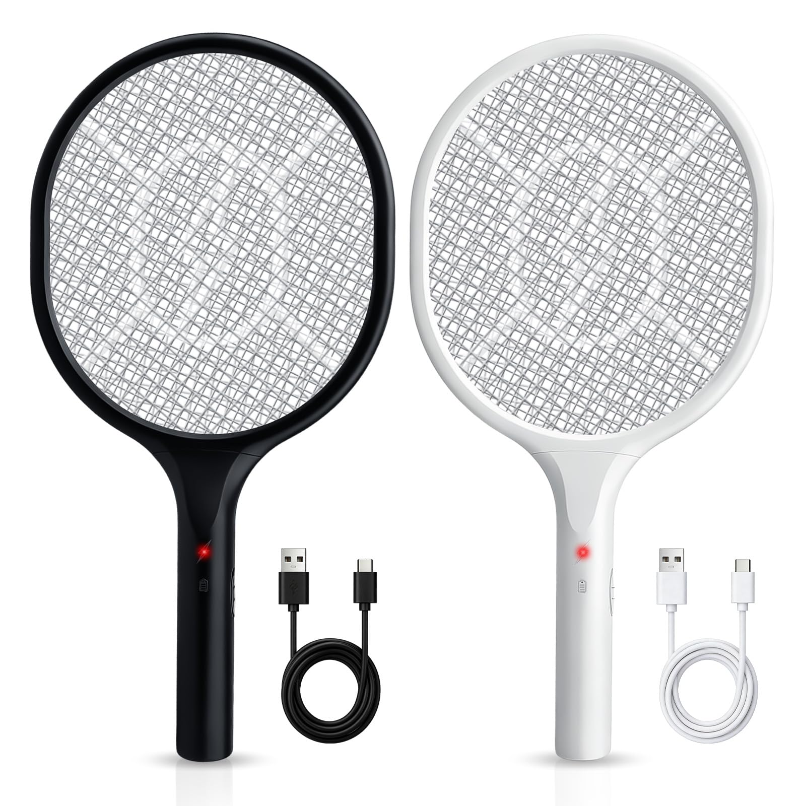 Faicuk front view of electric fly swatter showing wide mesh and handle benefit safety