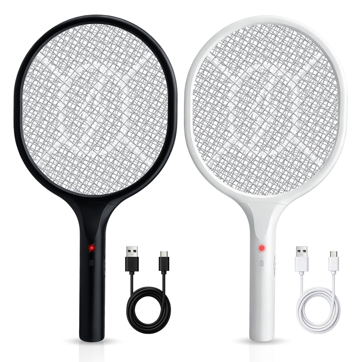 Faicuk front view of electric fly swatter showing wide mesh and handle benefit safety