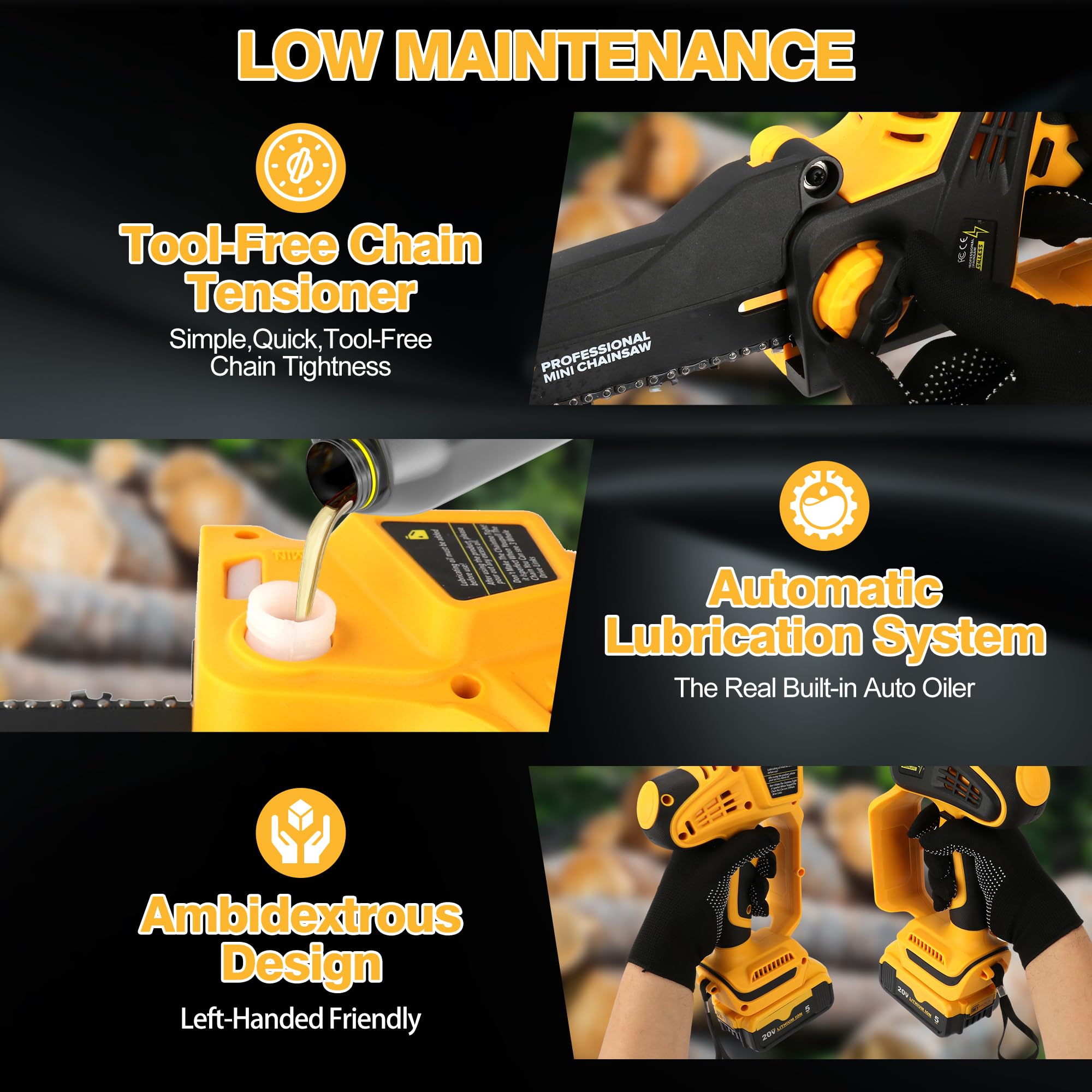 FaiMala cordless chainsaw cutting a limb demonstrating portability and precision