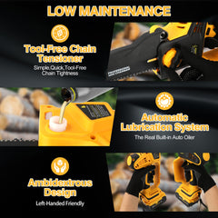 FaiMala cordless chainsaw cutting a limb demonstrating portability and precision