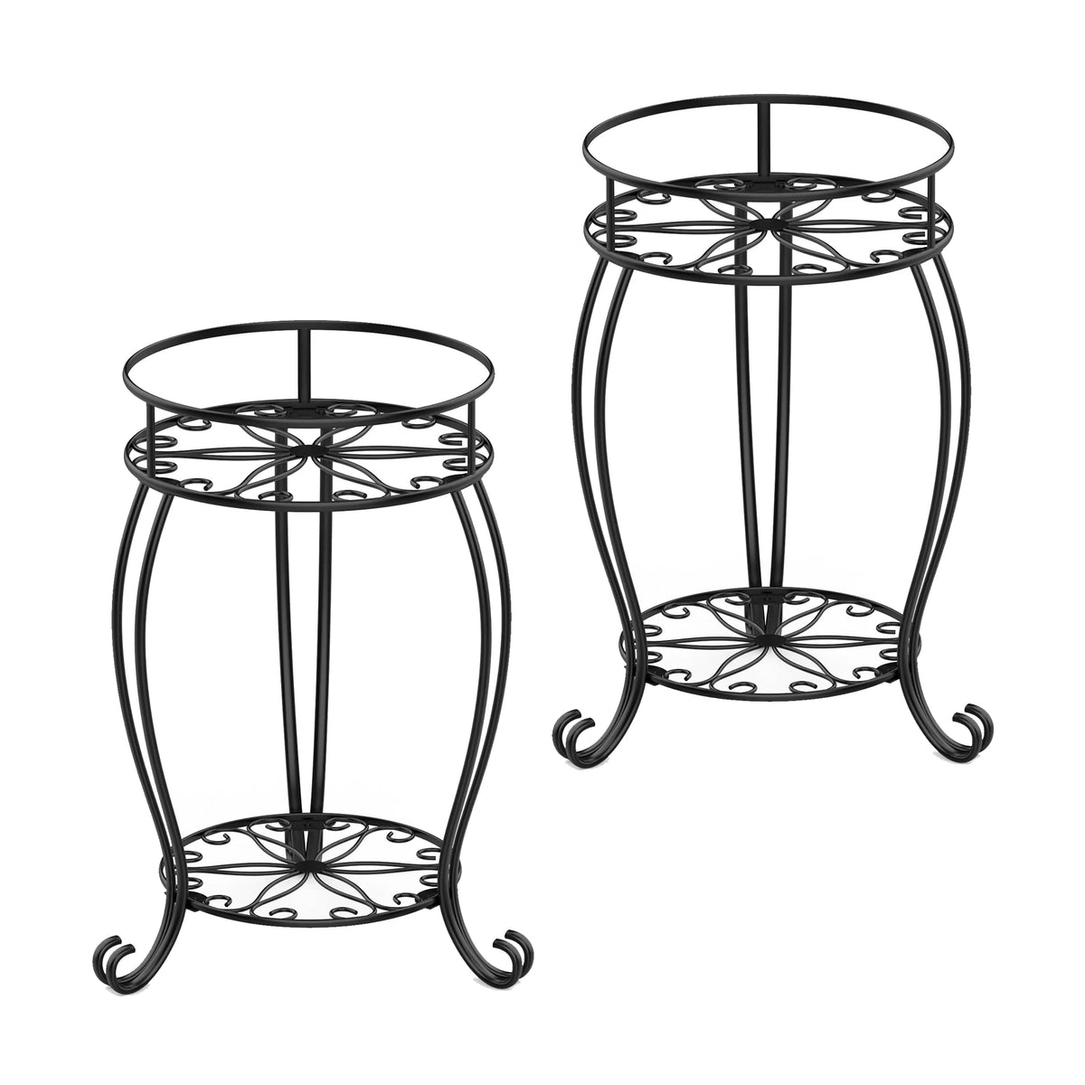 FaithLand front view of two black metal plant stands showing compact organization benefit
