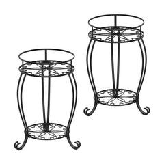FaithLand front view of two black metal plant stands showing compact organization benefit