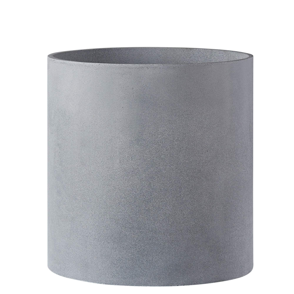 FaithLand front view of gray fiberstone planter showing modern cylinder benefit of style