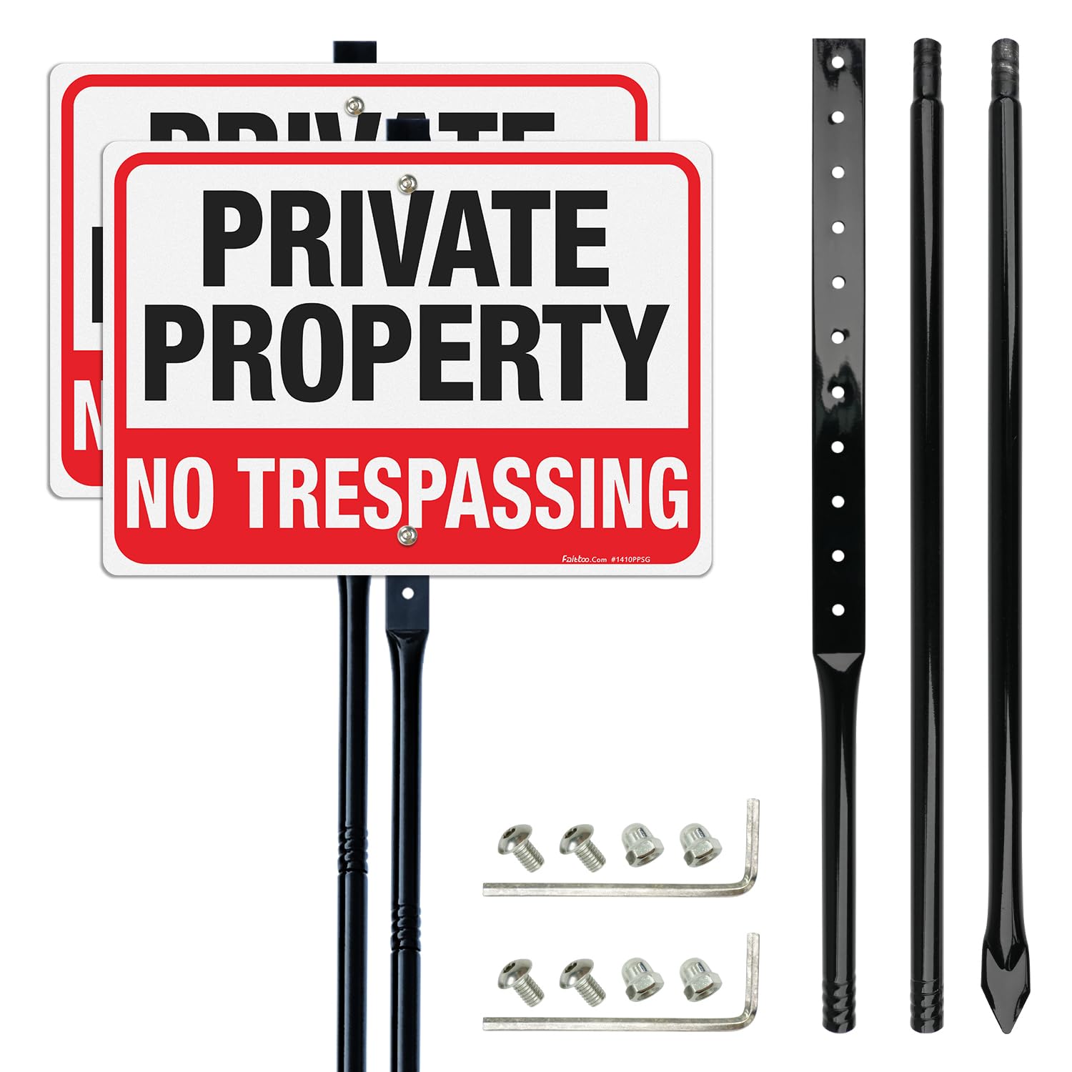Faittoo front view of sign and stake showing clear warning and quick install benefit