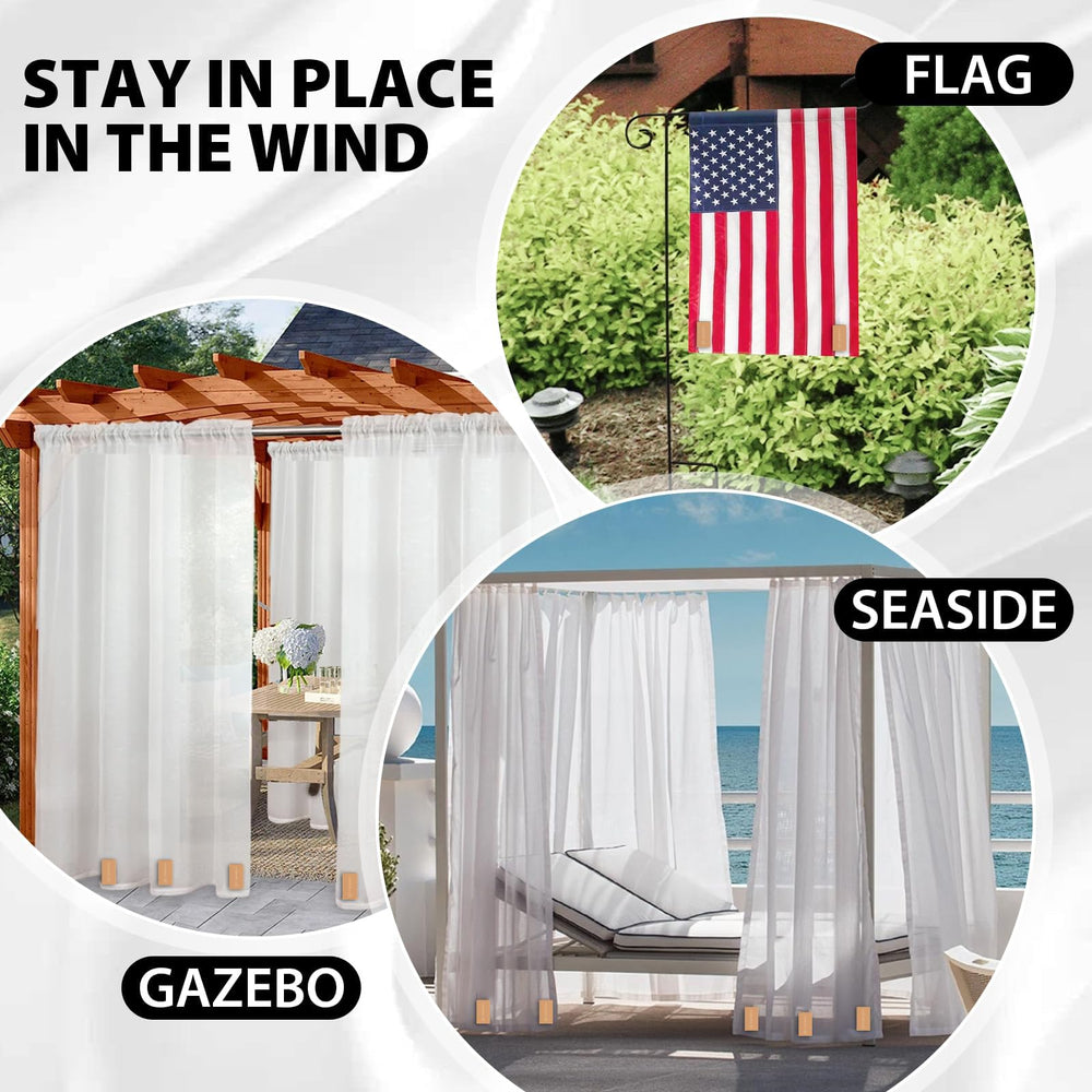 FALHBBA lifestyle patio setup with drapes held straight demonstrating tidy, wind-resistant look