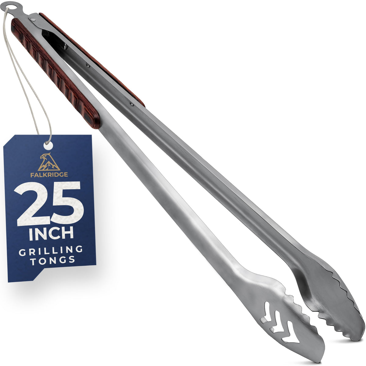 Falkridge front view of tongs showing full length and design for safer grilling