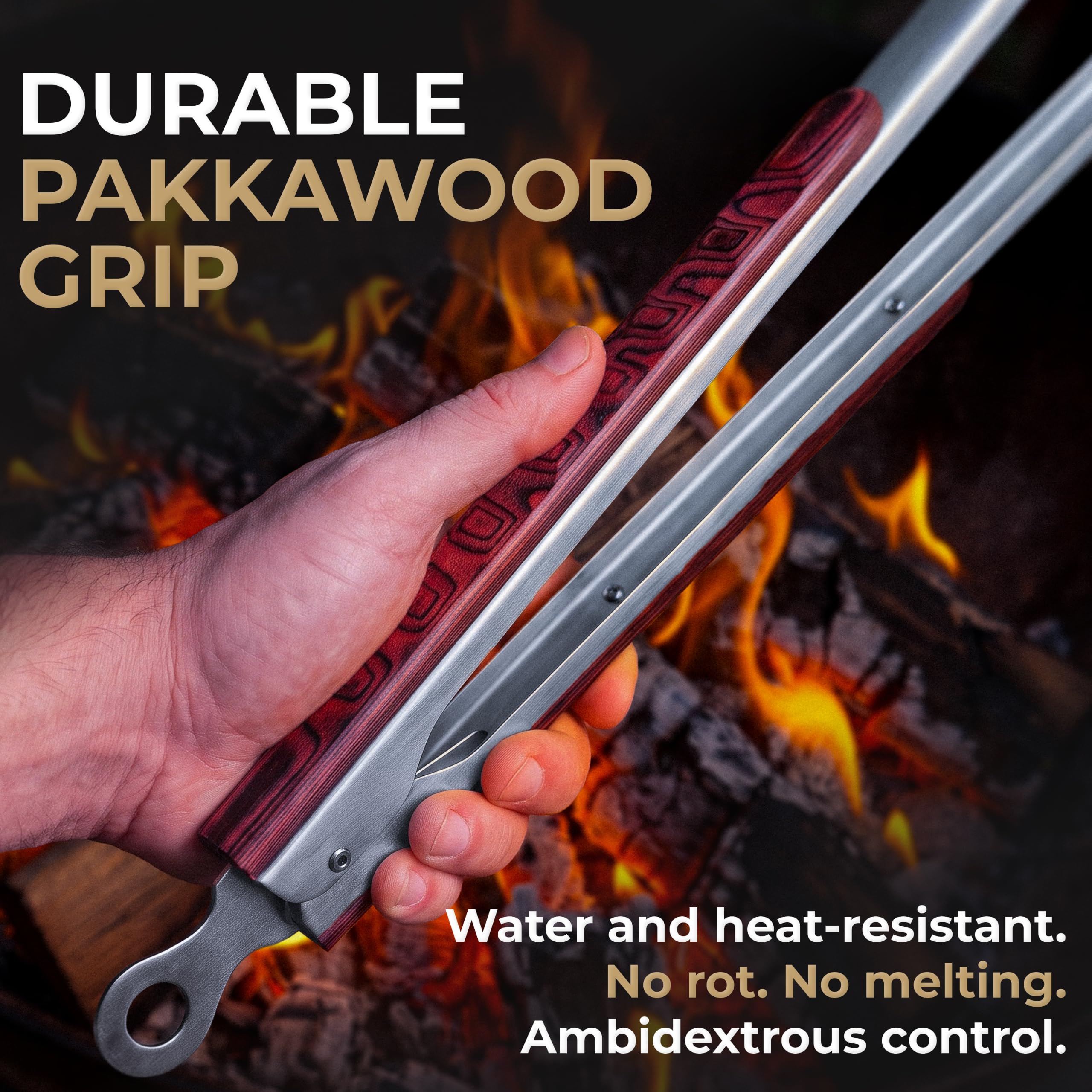 Falkridge tongs in use on a barbecue providing long reach and heat safety