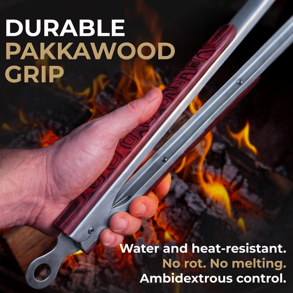 Falkridge tongs in use on a barbecue providing long reach and heat safety