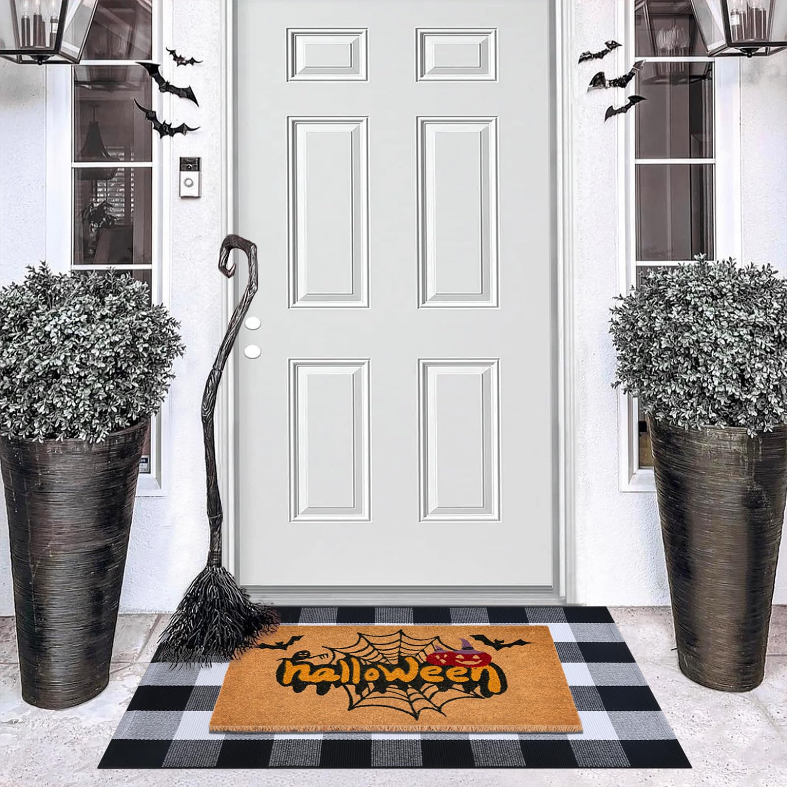 Fallovea coco coir doormat close-up showing spider web print and effective scraping
