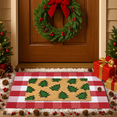 Fallovea coir welcome mat overhead view showing tree pattern and durable backing benefit