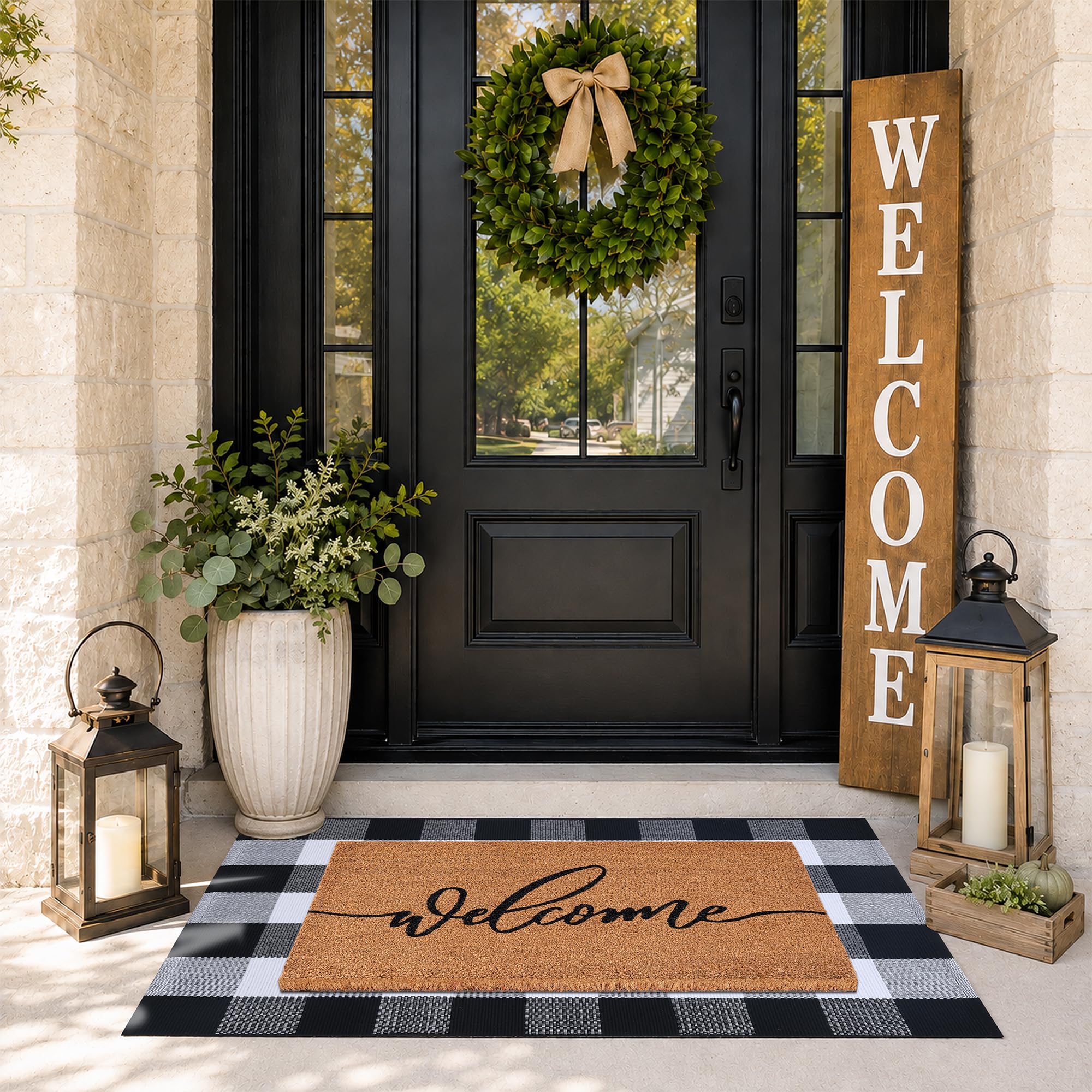 Fallovea doormat in use on porch capturing dirt-removal benefit