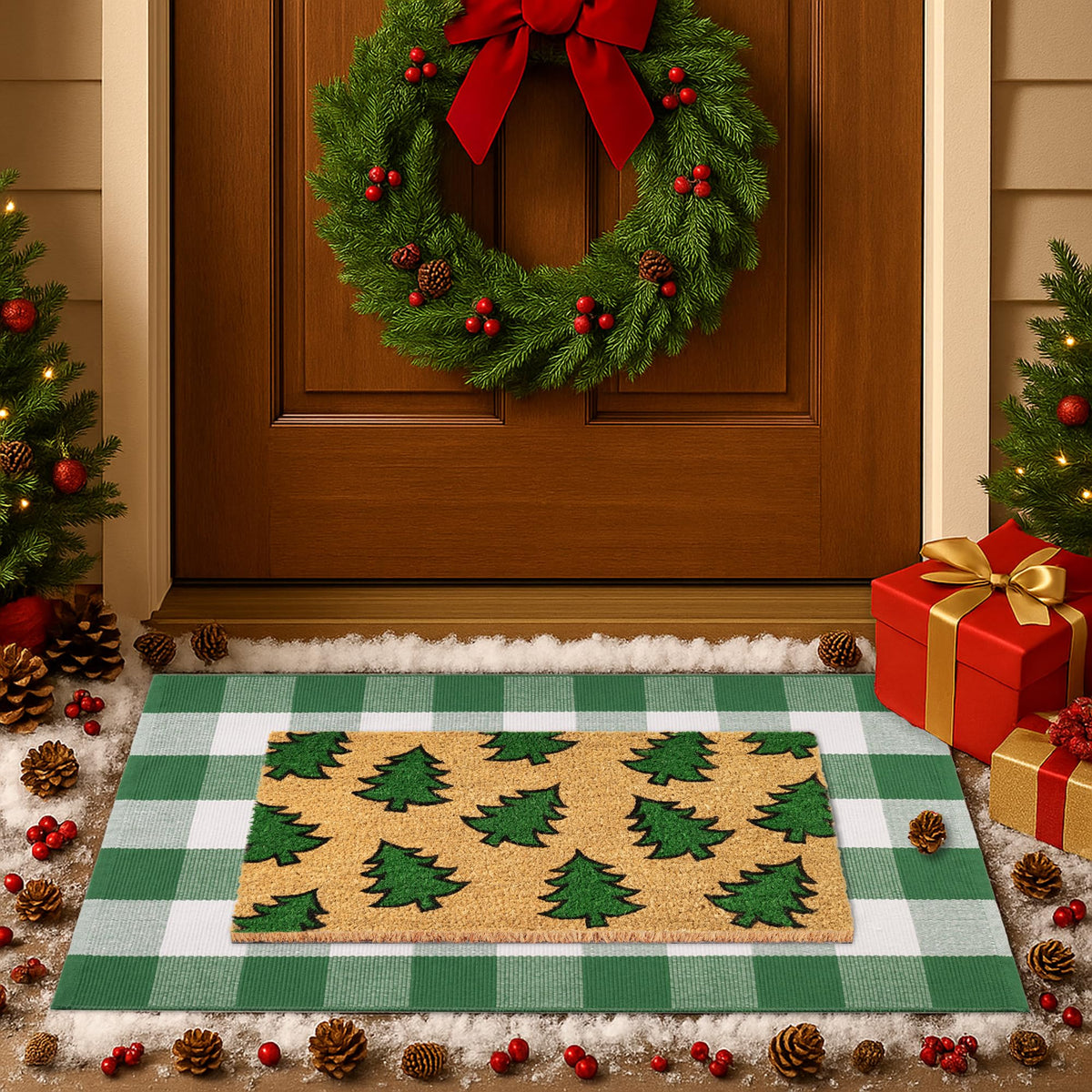 Fallovea front view showing both coir mat and plaid rug, welcoming entry benefit