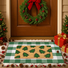 Fallovea front view showing both coir mat and plaid rug, welcoming entry benefit