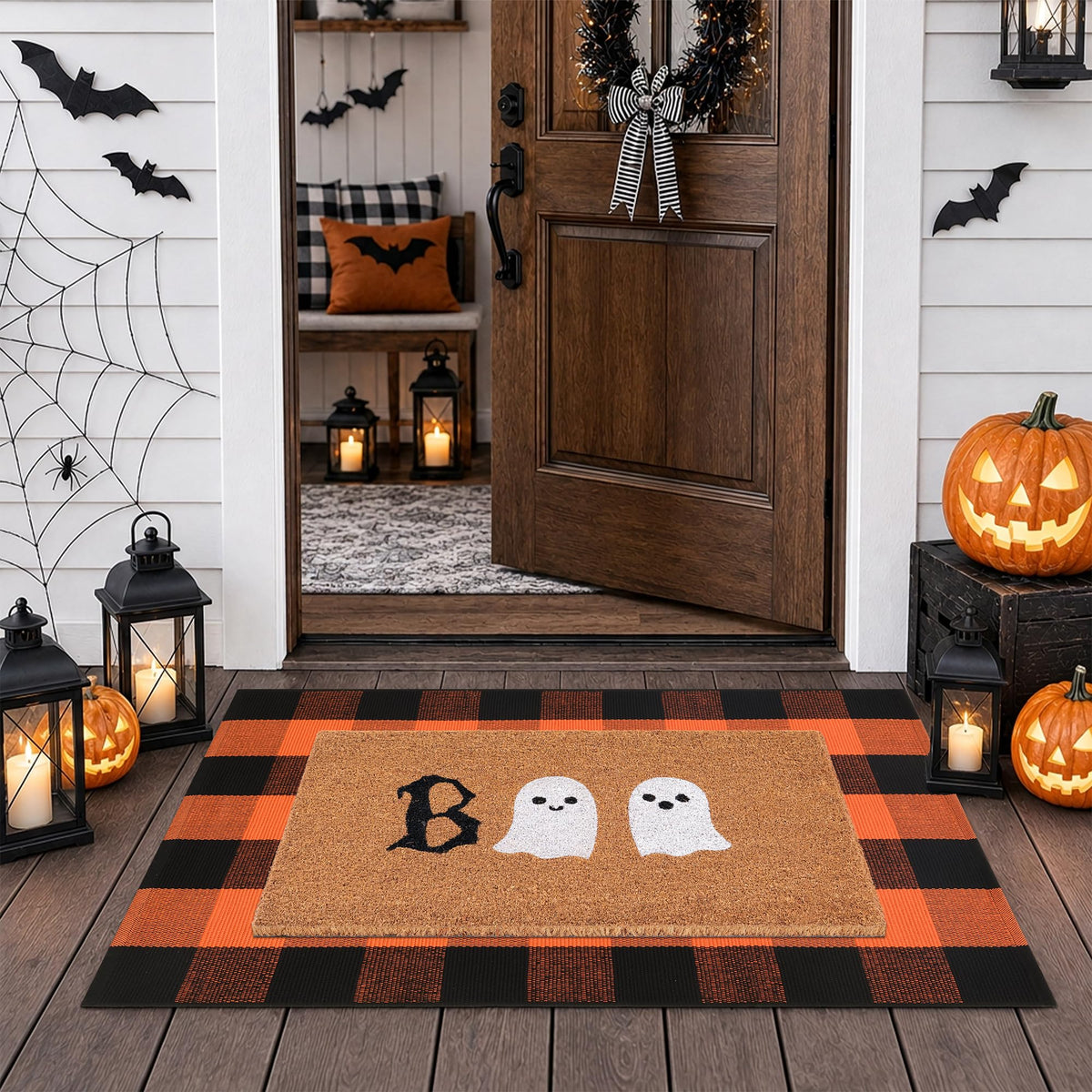 Fallovea Boo ghost coir mat front view, festive curb appeal and dirt-scraping benefit