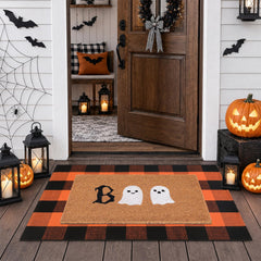Fallovea Boo ghost coir mat front view, festive curb appeal and dirt-scraping benefit
