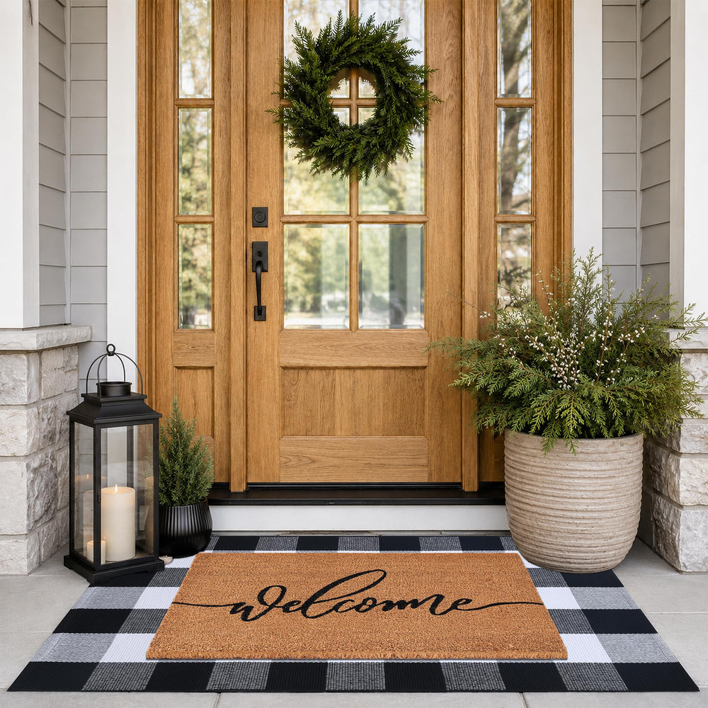 Fallovea doormat and rug front packaging showing coordinated set and curb appeal