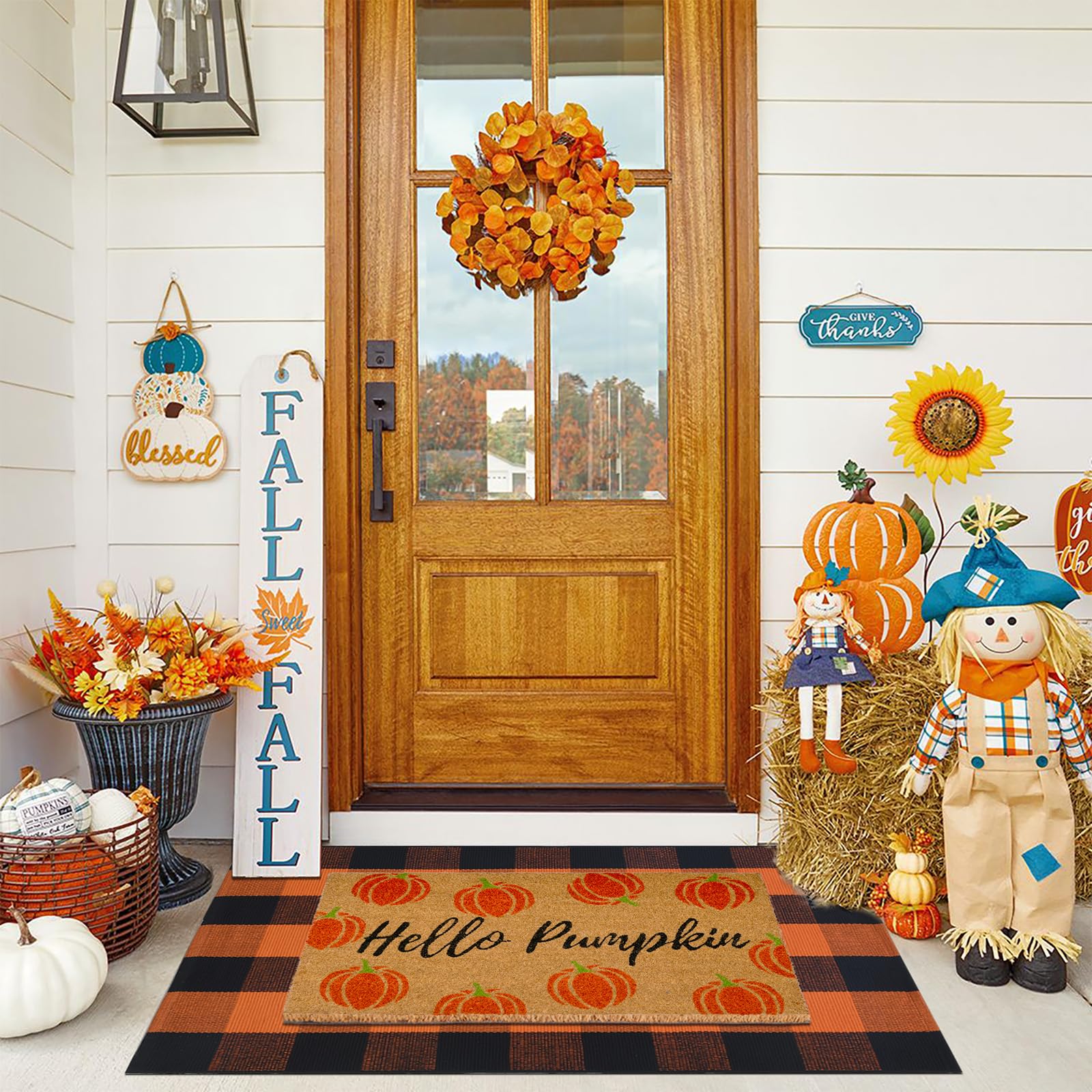 Fallovea front packaging showing Hello Pumpkin coir mat, welcoming entry benefit