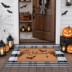 Fallovea front view of boxed set showing welcome and plaid mats, enhances seasonal curb appeal