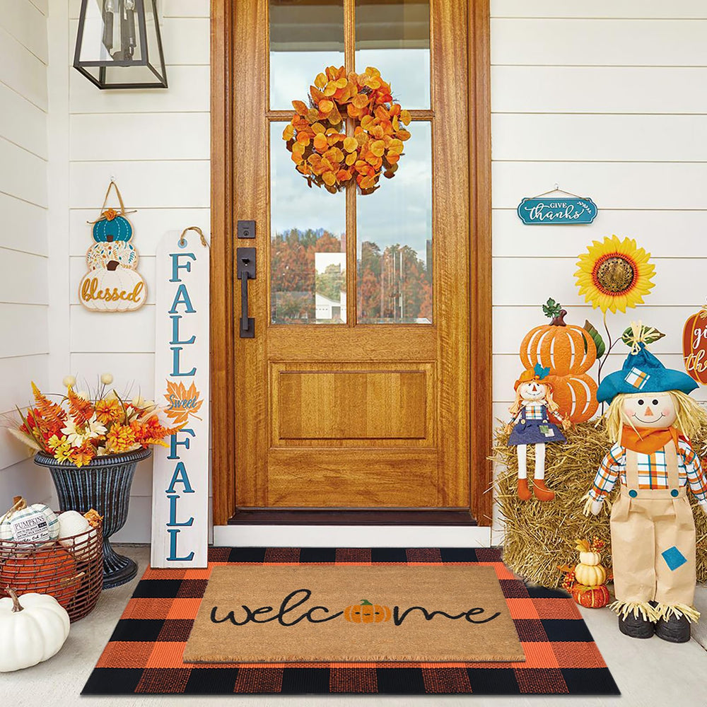 Fallovea front packaging welcome mat showing warm fall greeting and durable design