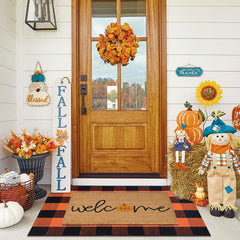 Fallovea front packaging welcome mat showing warm fall greeting and durable design