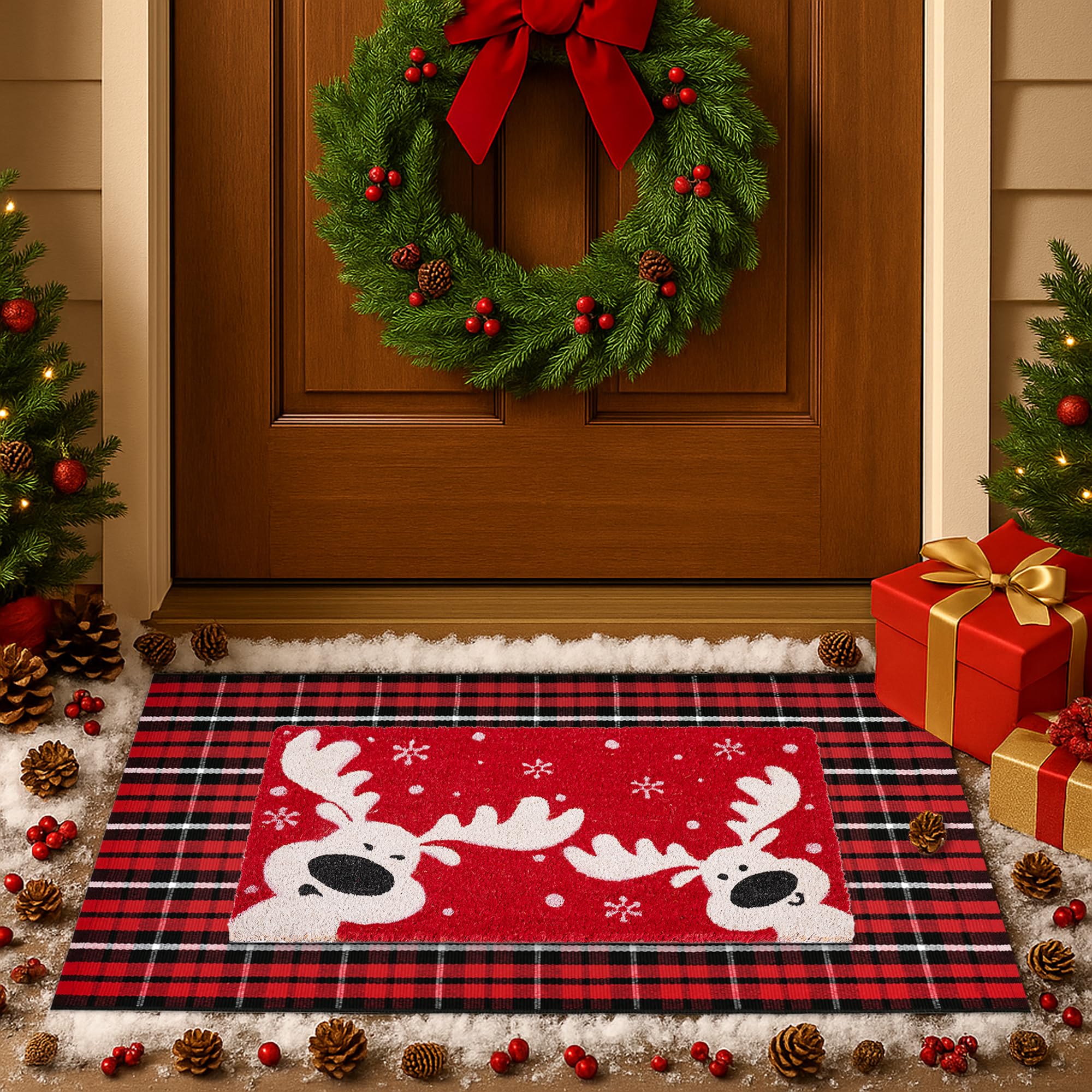 Fallovea front view of layered Christmas doormat set adds festive curb appeal
