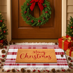 Fallovea layered mats front view showing festive welcome and protective scraper