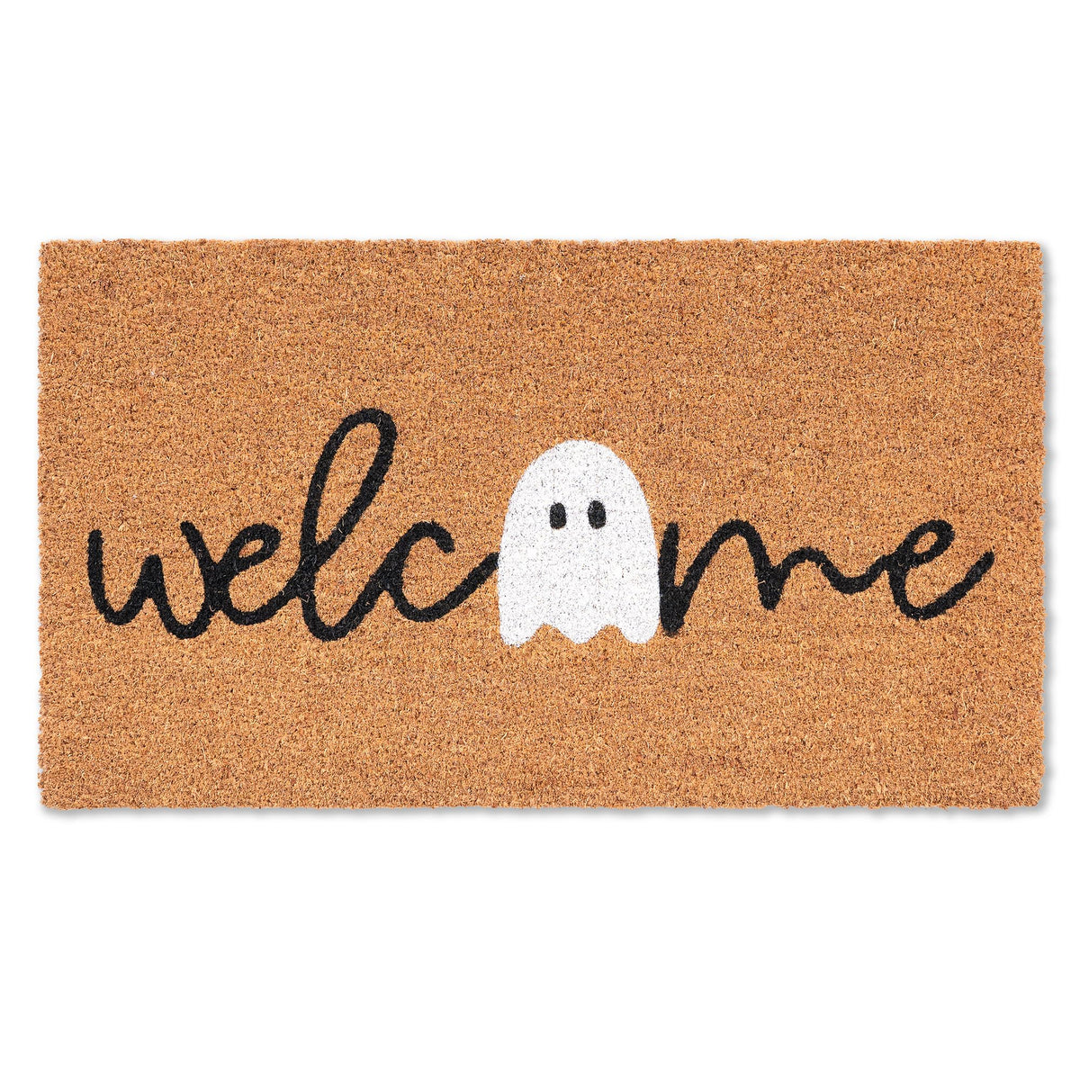 Fallovea front view of doormat showing cute ghost and welcome text, improves curb appeal