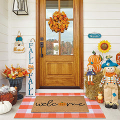 Fallovea front view of welcome coco coir mat and plaid rug for warm entryways