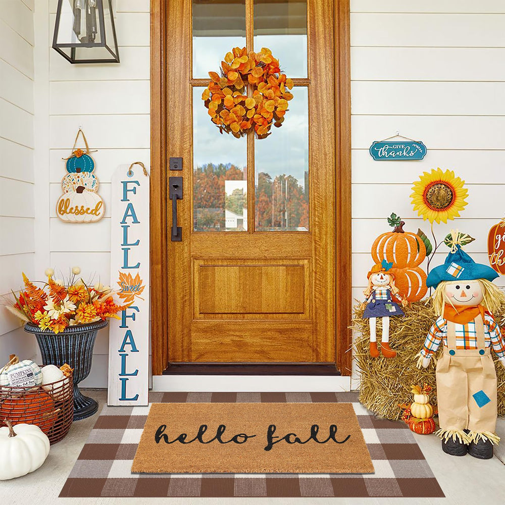Fallovea hello fall coir front view showing welcoming greeting and durable fibers