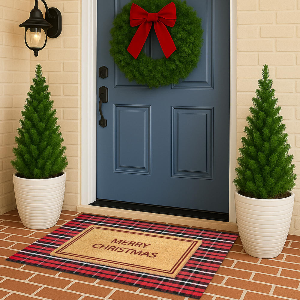 Fallovea layered mats at a front door creating welcoming holiday curb appeal