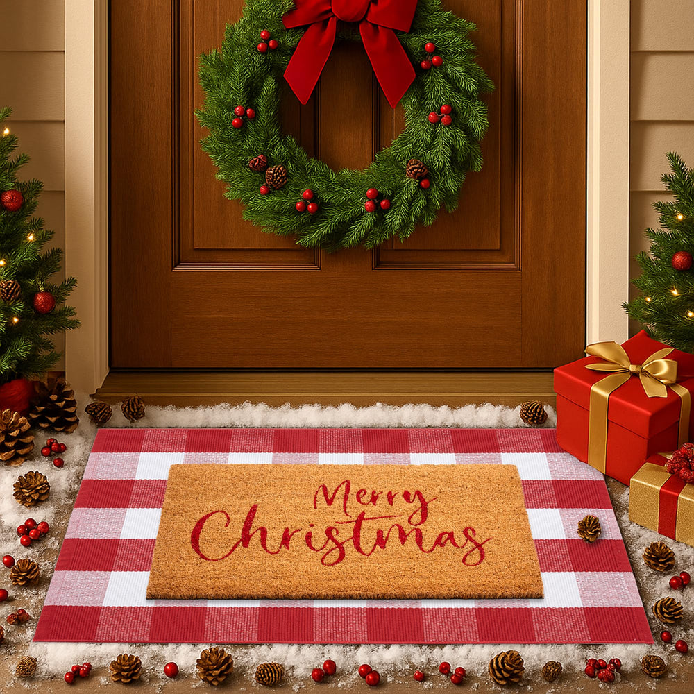 Fallovea plaid rug front view showing festive entry warmth and color