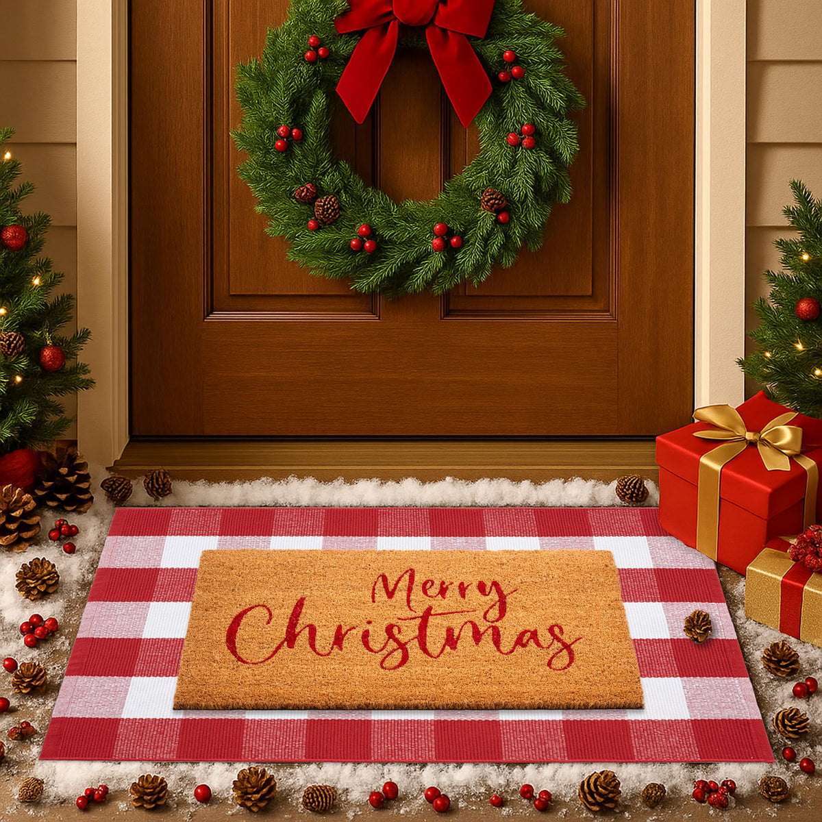 Fallovea plaid rug front view showing festive entry warmth and color