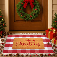 Fallovea plaid rug front view showing festive entry warmth and color