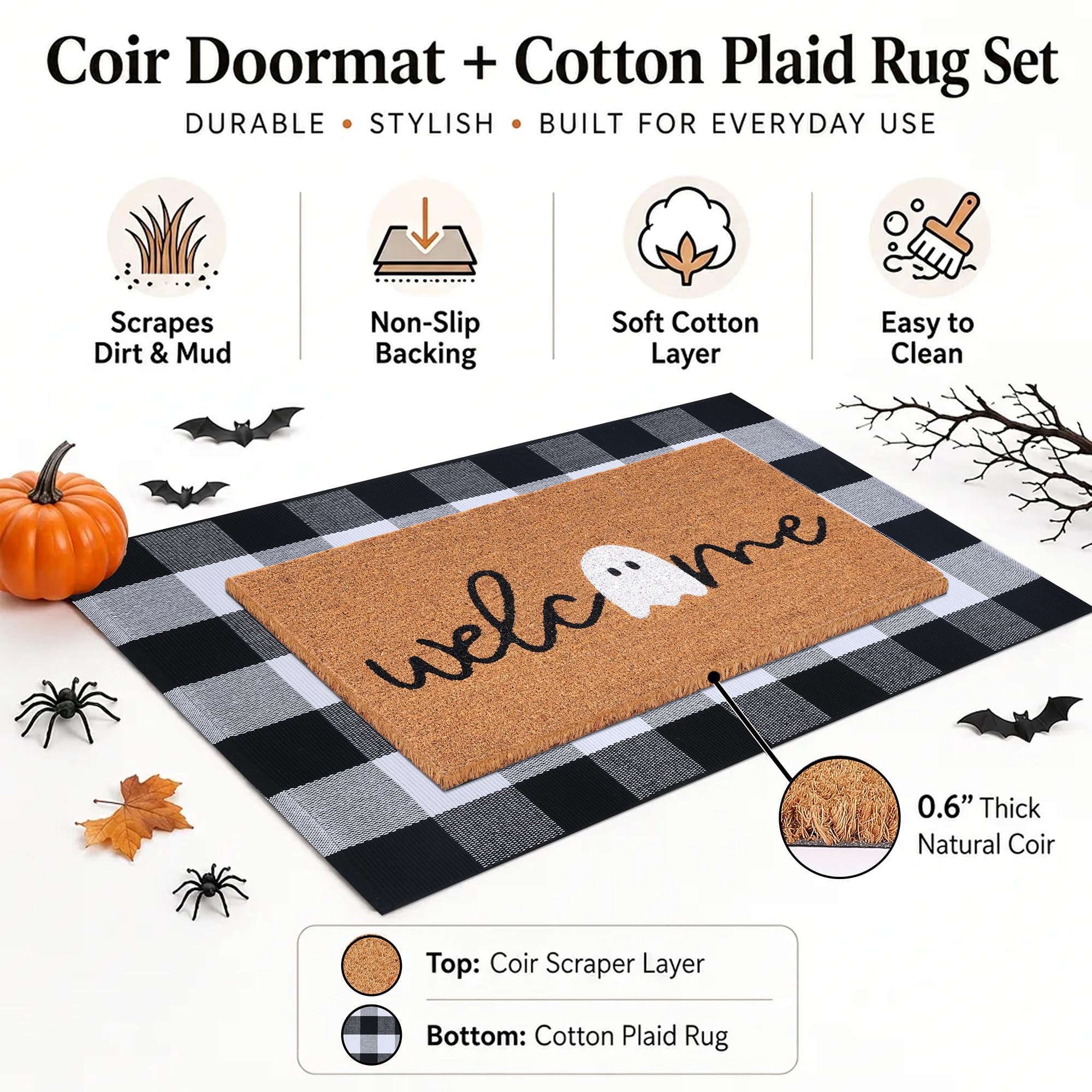Fallovea black and white plaid rug flatlay showing coverage and contrast