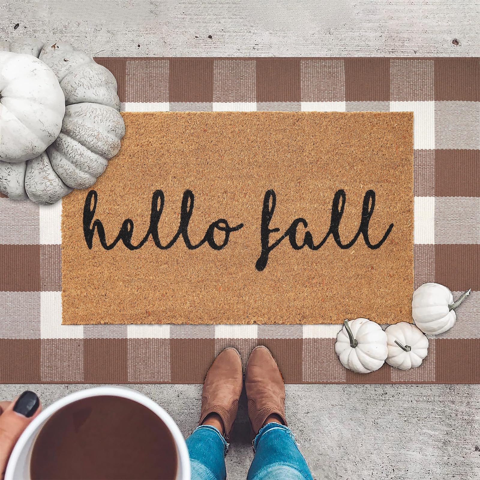 Fallovea plaid rug full lay flat in mocha and white offering warm entryway appeal