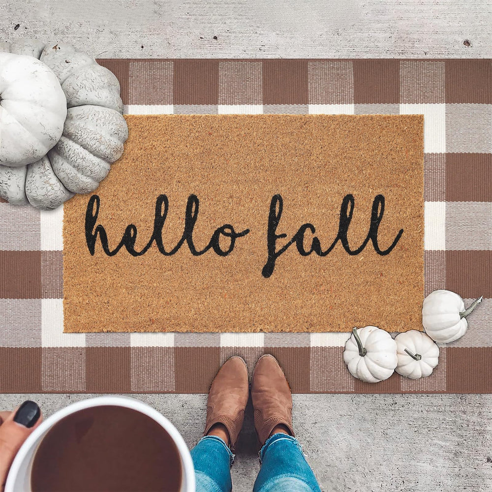 Fallovea plaid rug full lay flat in mocha and white offering warm entryway appeal
