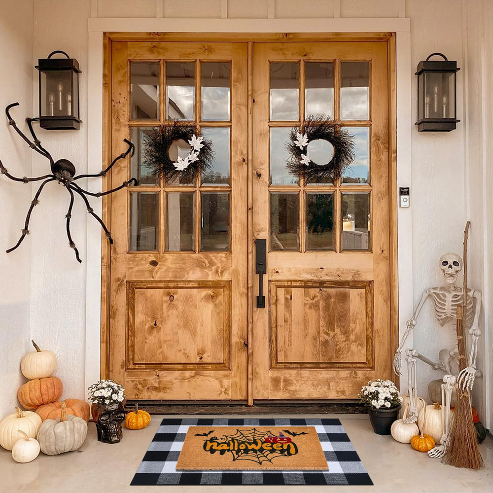 Fallovea black and white plaid rug full view providing bold seasonal backdrop