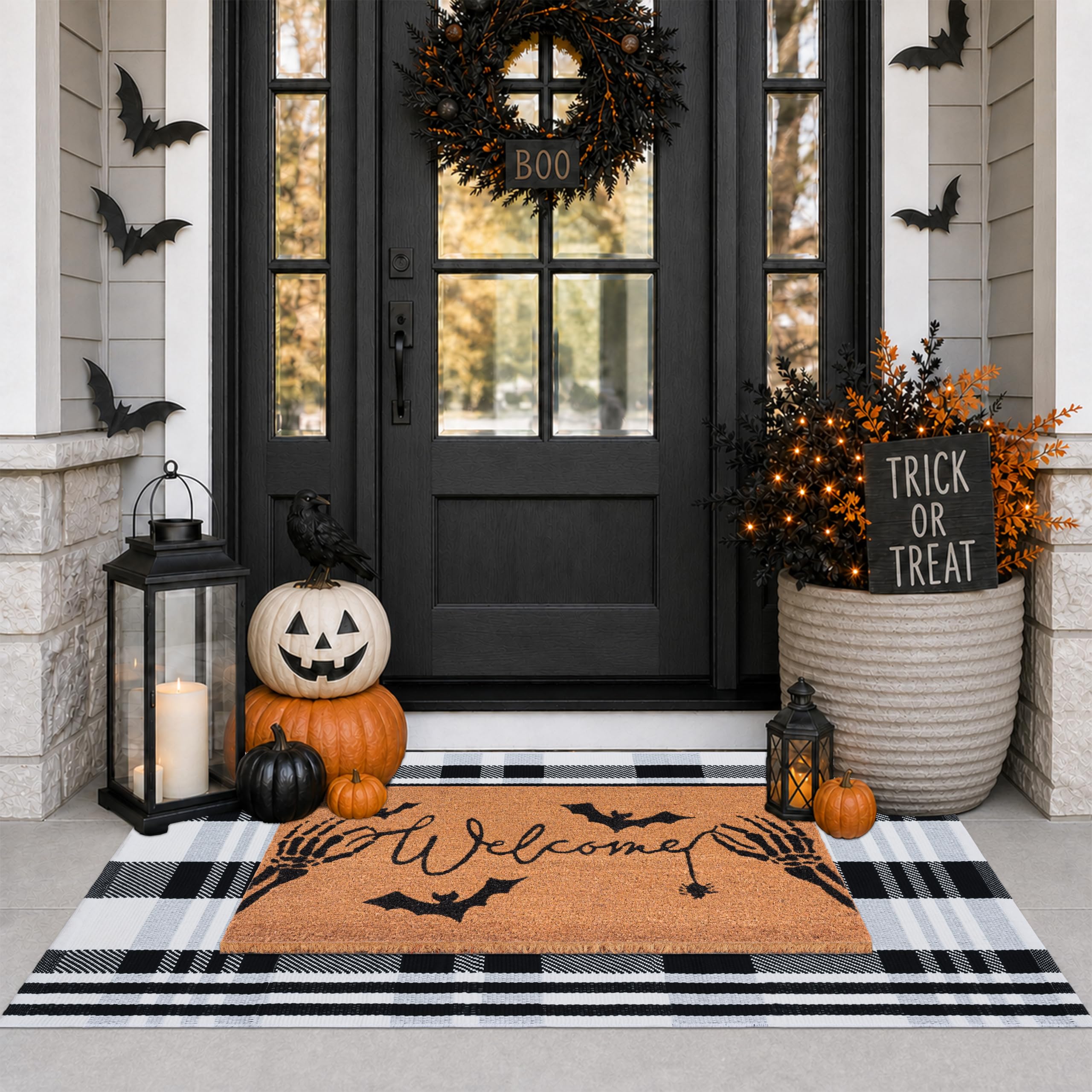 Fallovea black-and-white plaid rug full-size flatlay, offers wide coverage and visual contrast