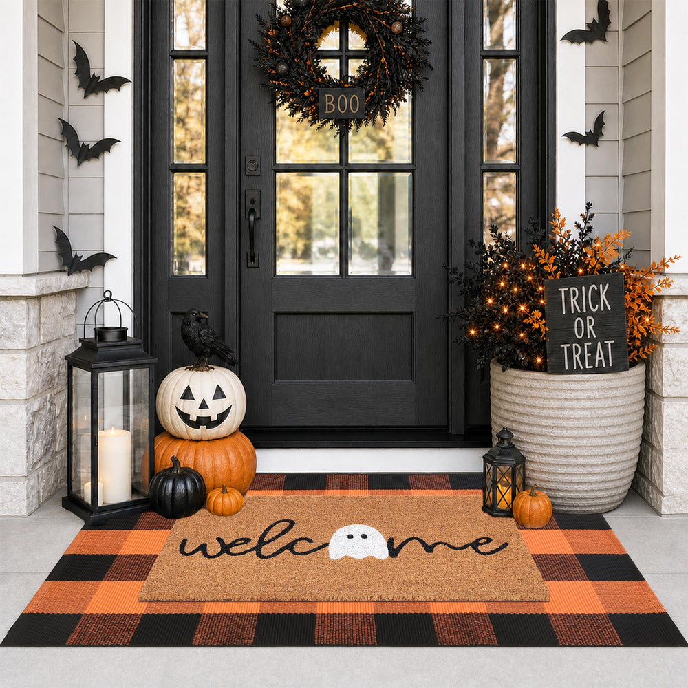 Fallovea orange and black plaid rug full view adds seasonal color and coverage