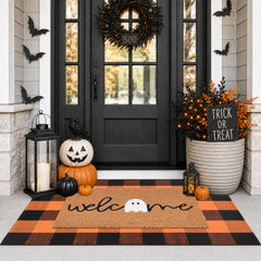 Fallovea orange and black plaid rug full view adds seasonal color and coverage