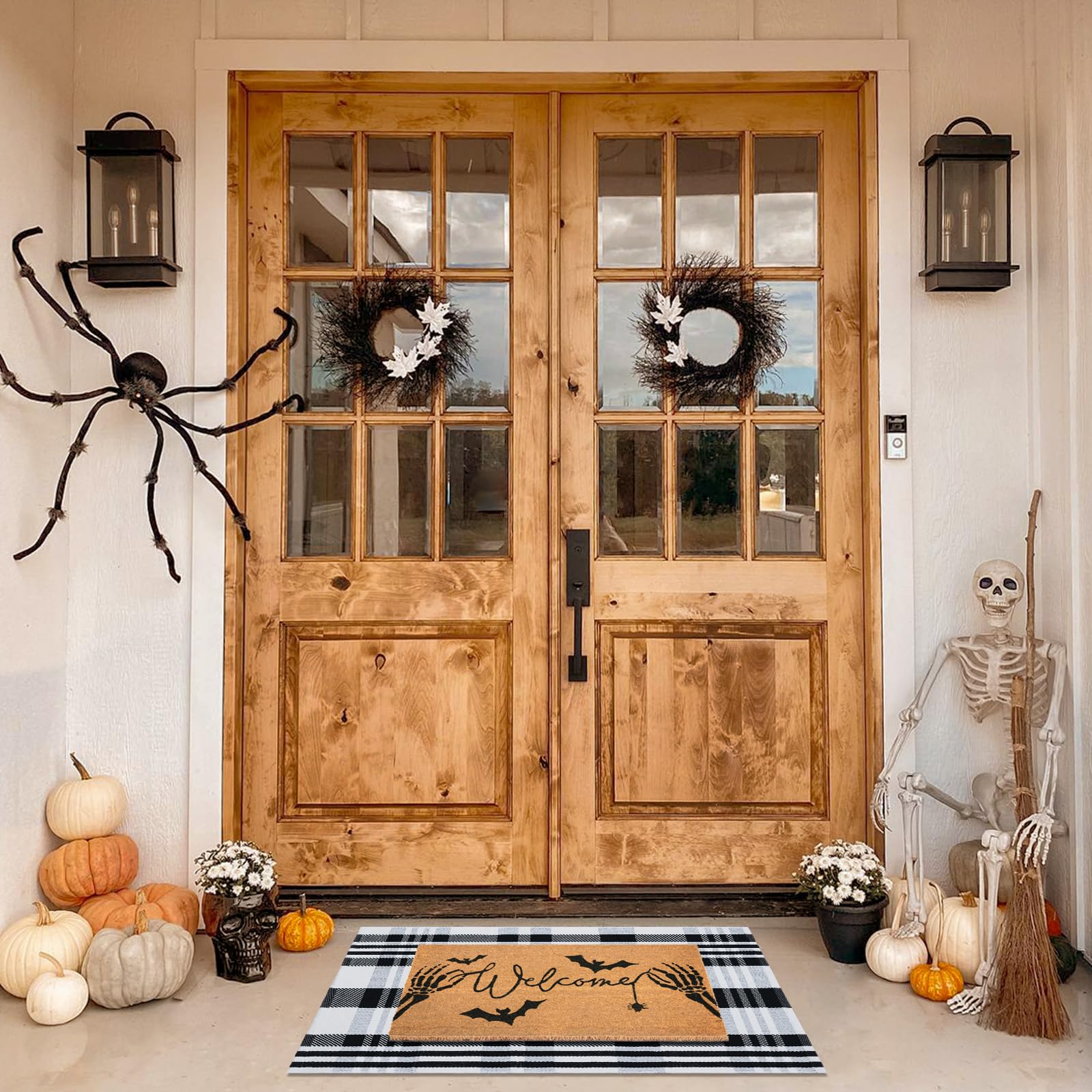 Fallovea styled porch with pumpkins and mats, shows easy seasonal décor coordination