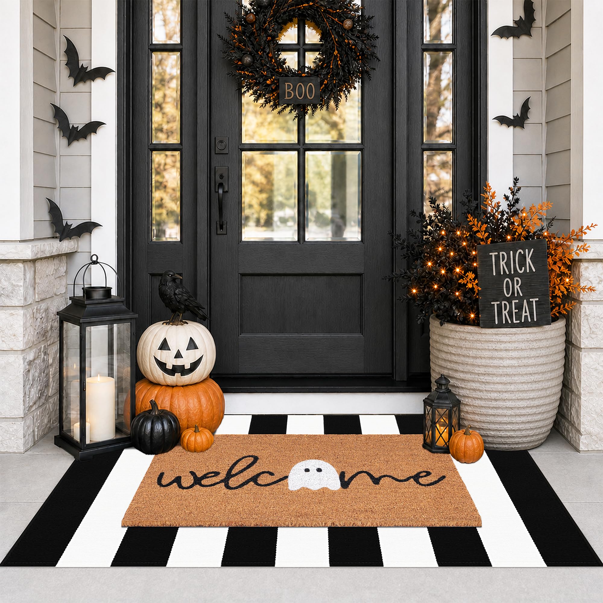Fallovea black and white striped rug full view provides bold contrast and coverage